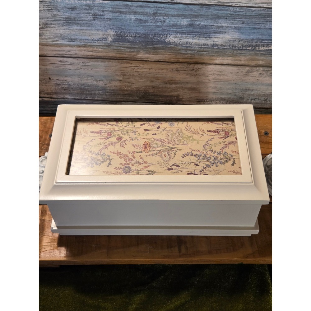 White Wooden Jewelry Box with Photo Frame Lid Pink Velvet Lining and Tray